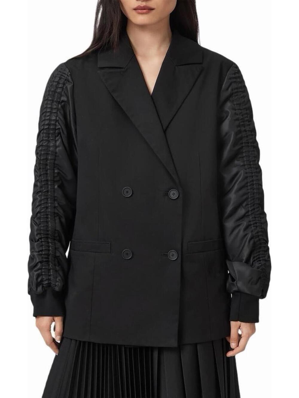 NWT AllSaints Lorna Ruched Sleeve Cotton Jacket In Black Size 12 $389